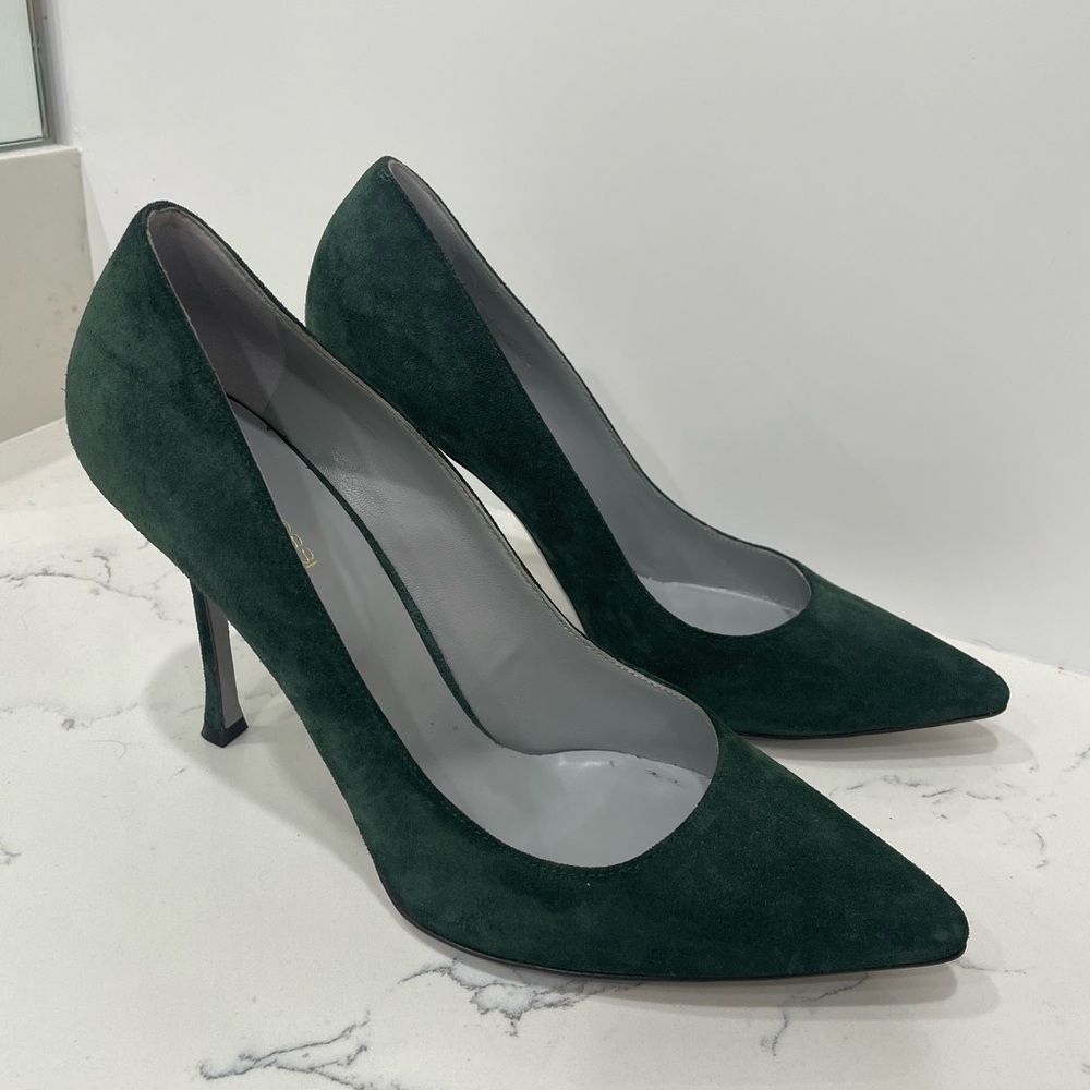 Sergio Rossi Dark Green Suede Pointed Toe Pumps Heels - Picture 10 of 16